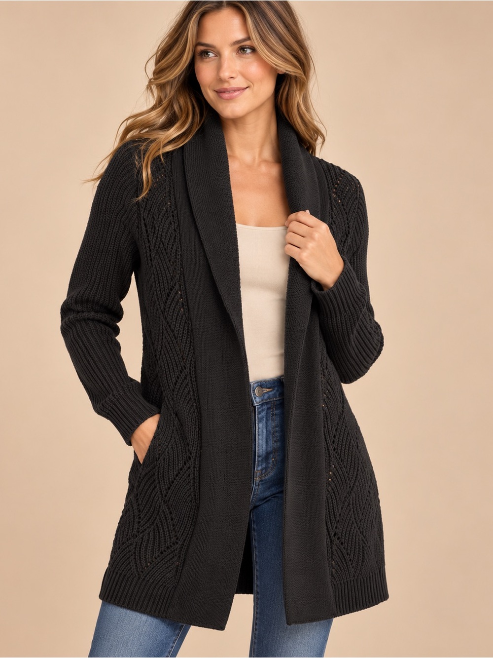 Grace Elements Black Shawl Collar Cable Knit Cardigan